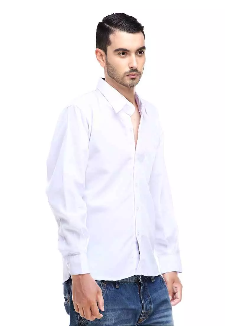 Dwan Kemeja Polos Pria Lengan Panjang Casual Plain Shirt Kasual Formal Material Cotton ORIGINAL - White