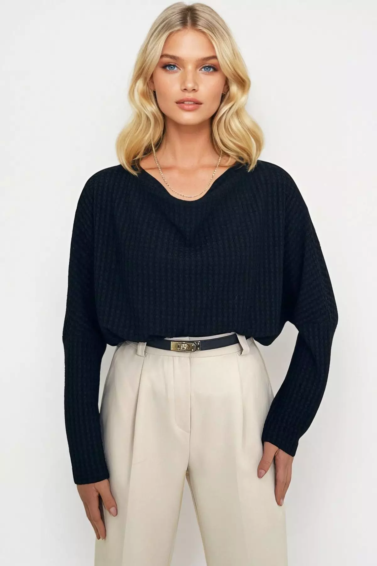 Women's Black Degaje Collar Wide Cut Knitted Blouse