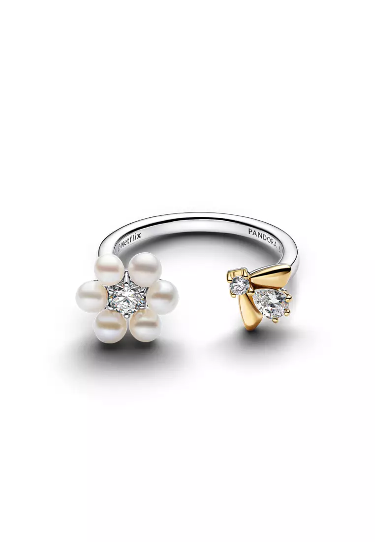 Pandora x Bridgerton 14K Gold Plated Bee & Treated Freshwater Cultured Pearl Flower Open Ring