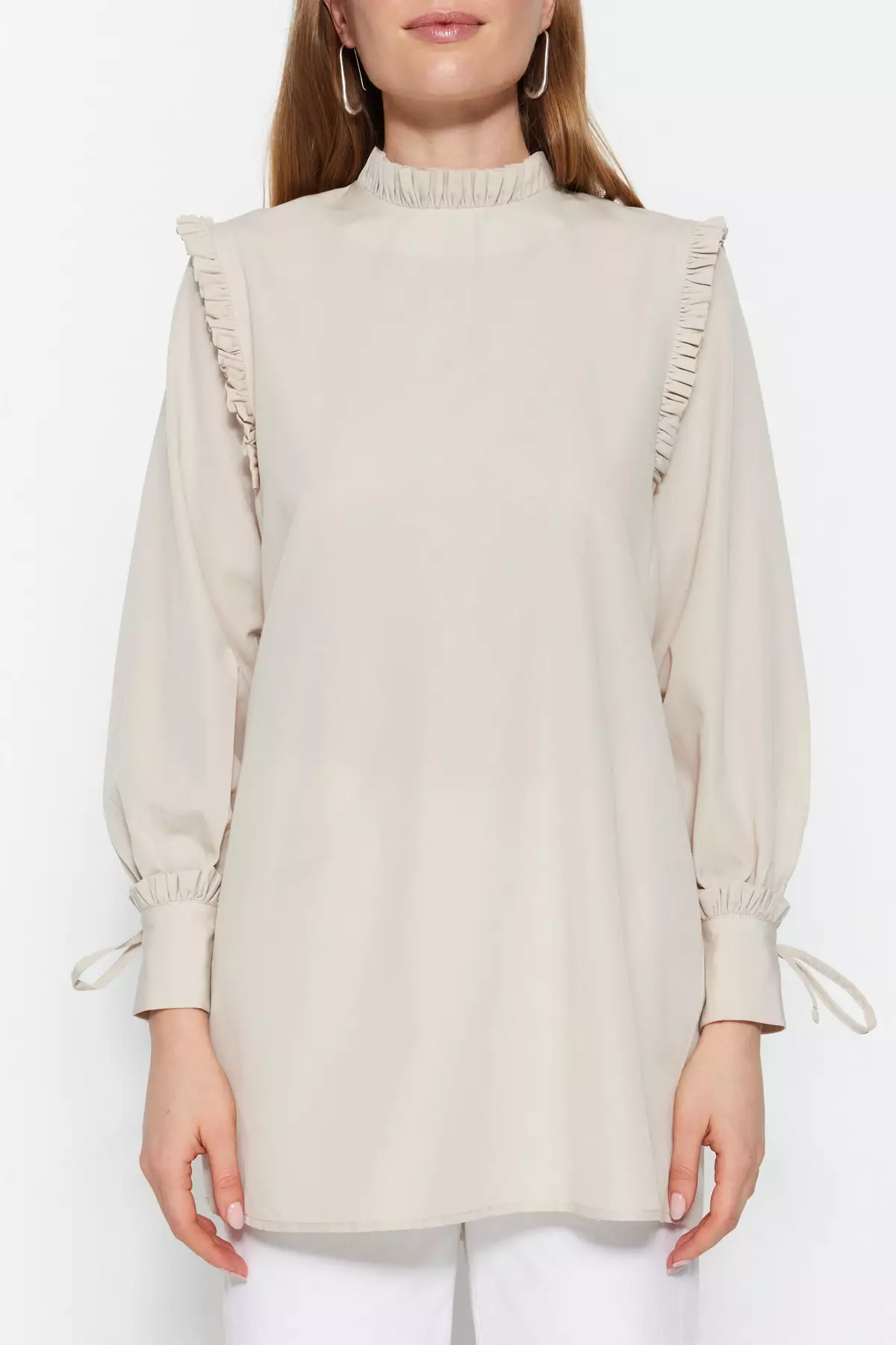 Woven Tunic with Ruffle Shoulder and Cuff