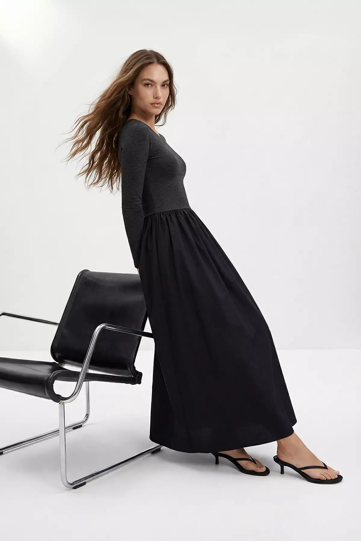 Black Long Sleeve Maxi Woven-Textured Mix Dress Twoss26El77