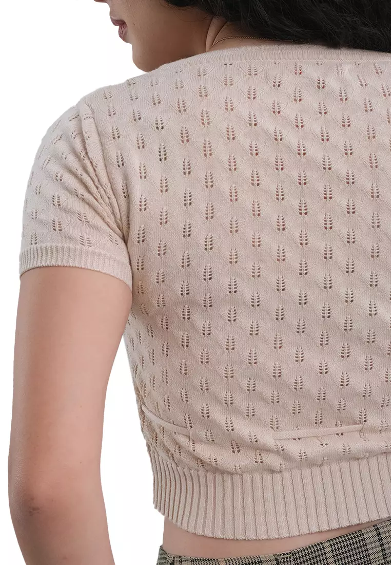 Pointelle Crop Top With Scallop Details And Tie