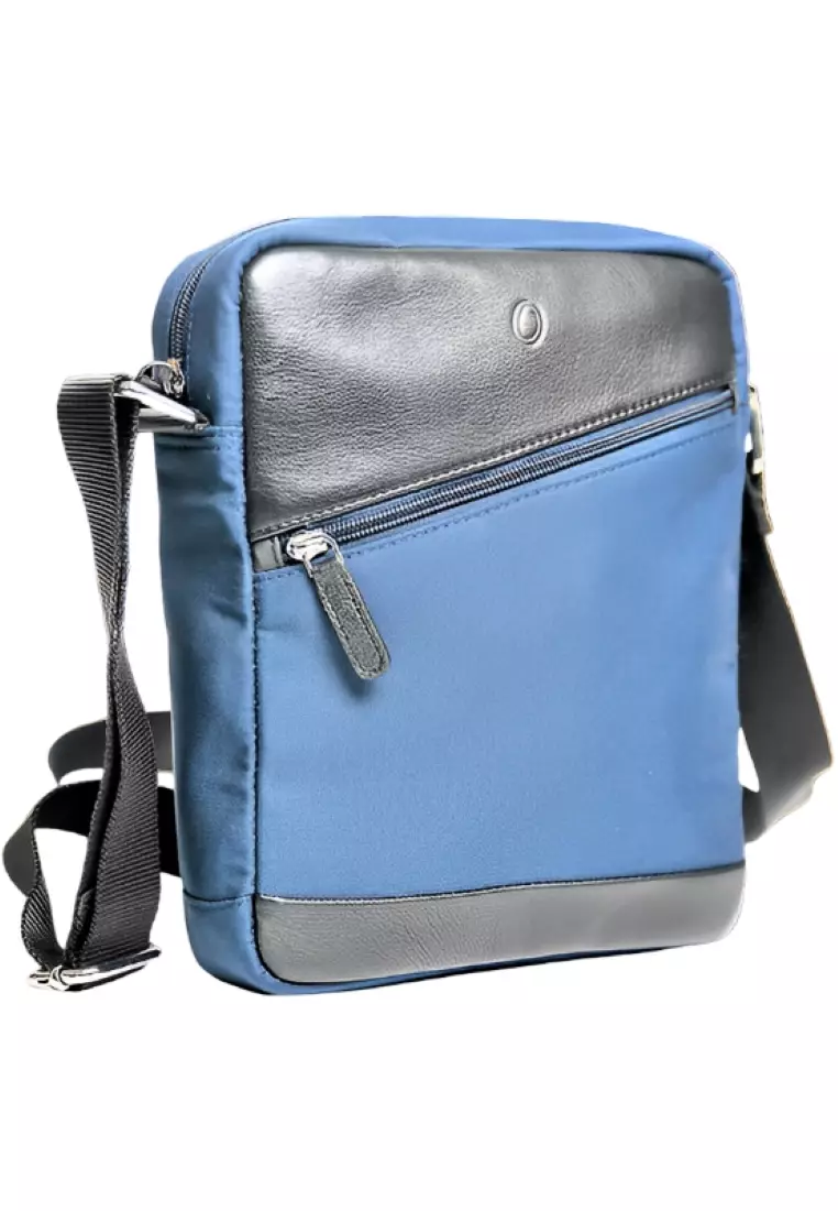 Mens blue top leather messenger bag