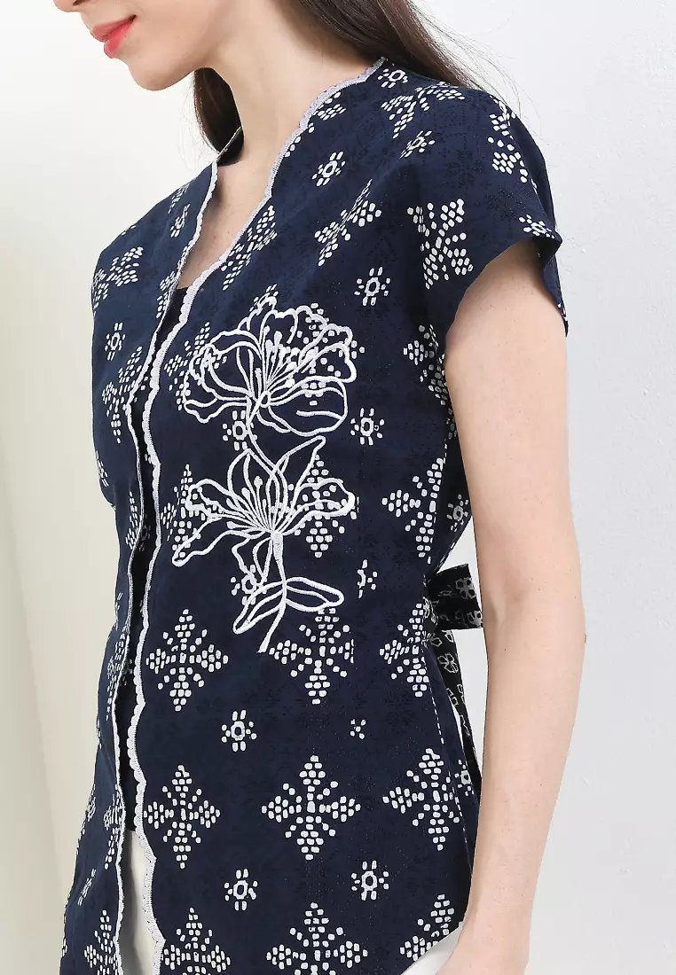 Blouse Batik Cap Dobby Atasan Wanita Spesial JFW Collection Binar Andara Katun Bordir Embro Navy