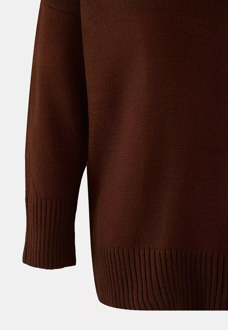 Brown Turtleneck Off-Shoulder Knitwear Sweater