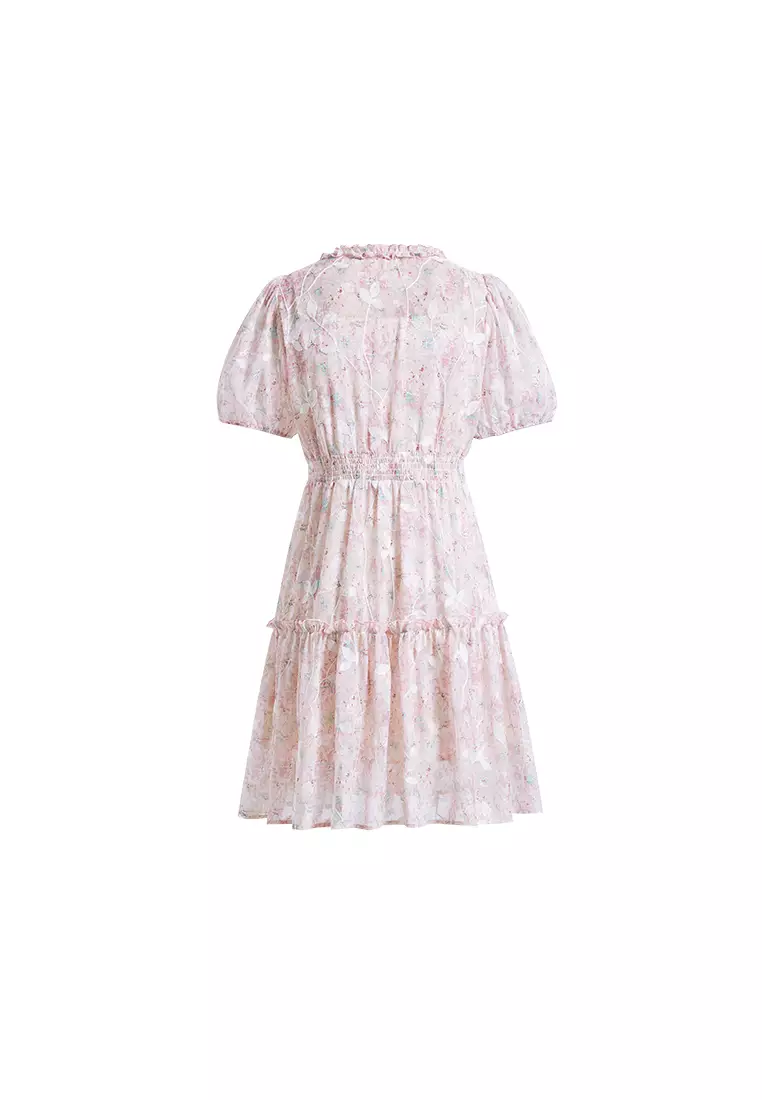 V-Neck FLoral Printed Tiered Dress with Ruffled Collar