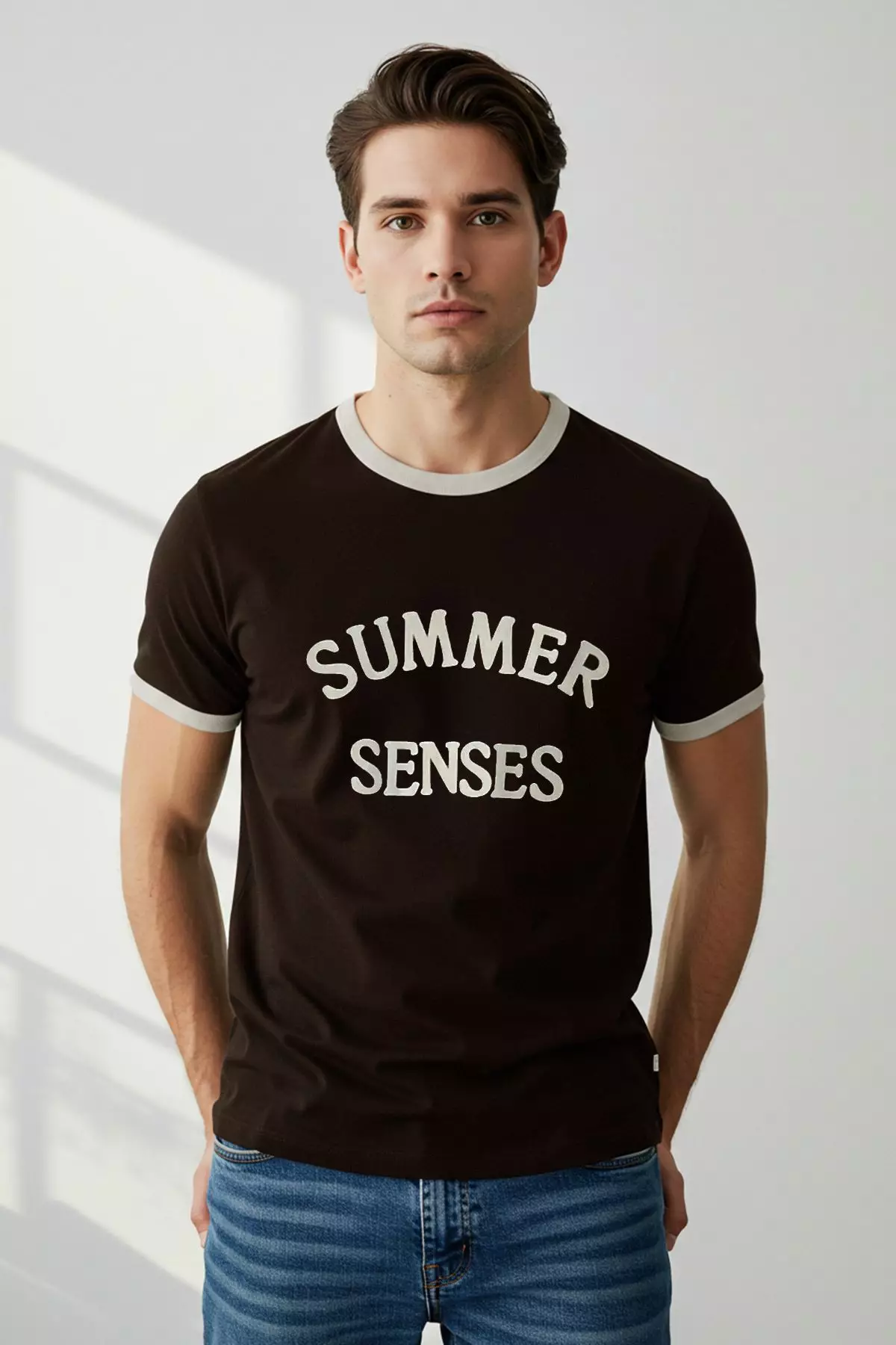 Brown Slim/Slim Cut Sleeve Detail Printed 100% Cotton T-Shirt TMNSS25TS00034