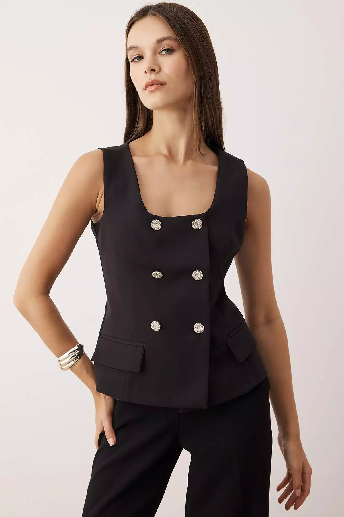 Black Regular Accessory Buttoned Vest