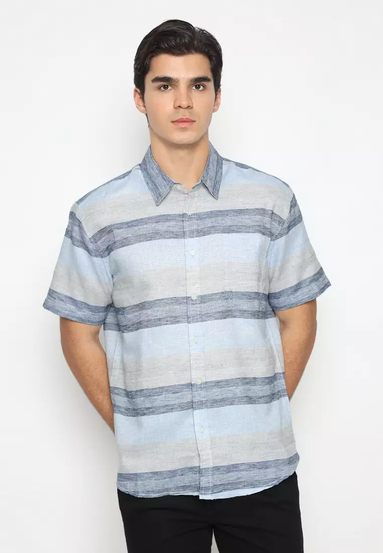 POLICE Kemeja Salur Printing Biru Abu Regular Fit Pria