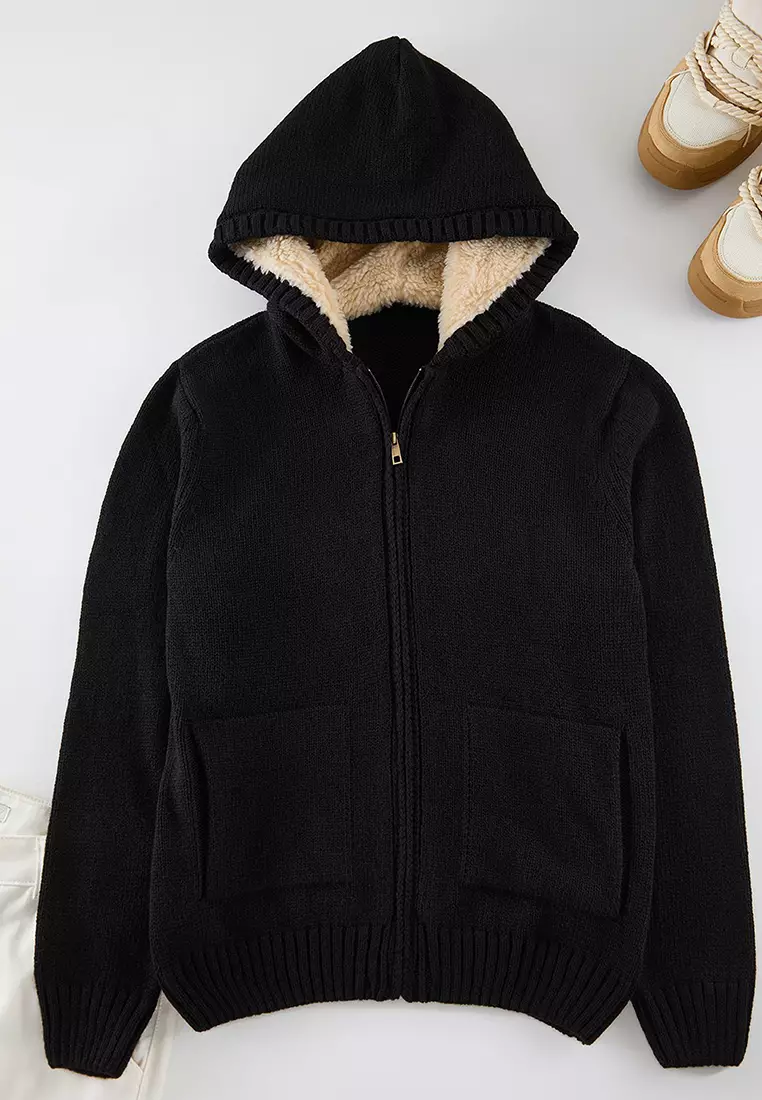 Black FL Men's Regular Hooded Plain Knitwear Cardigan TMNAW20HI0066