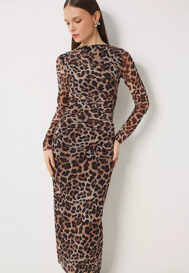 Leopard Patterned Pleated Wrap Tulle Dress