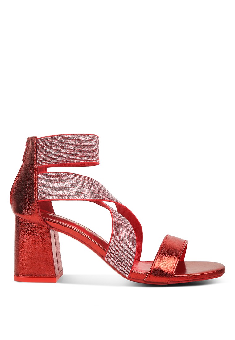 Metallic Elasticated Strappy Block Heel Sandals in Red