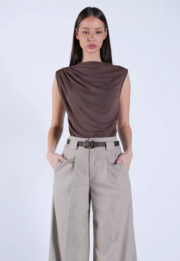 高領垂褶透明上衣
