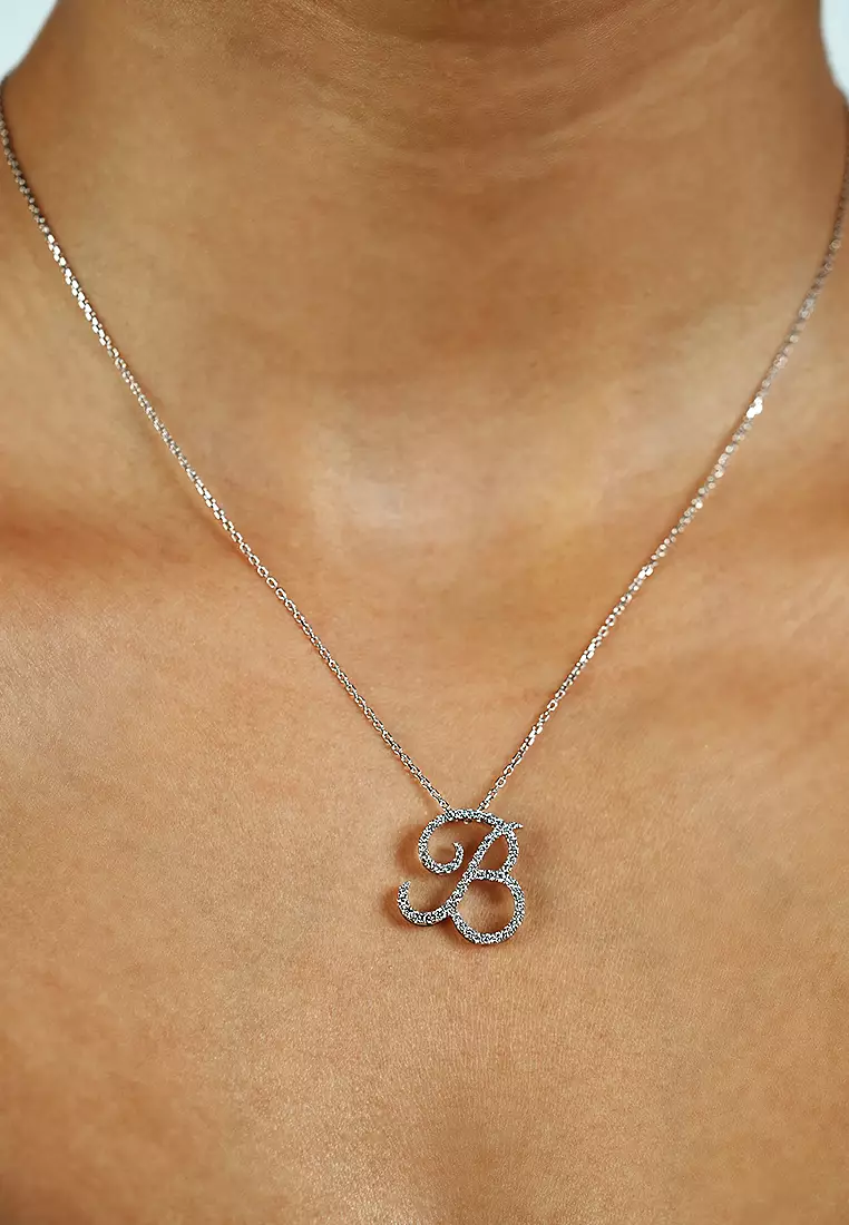 Pavé Lab Grown Diamond 'B' Initial Pendant in White Gold D/E-VVS/VS (0.36ct TDW) with chain