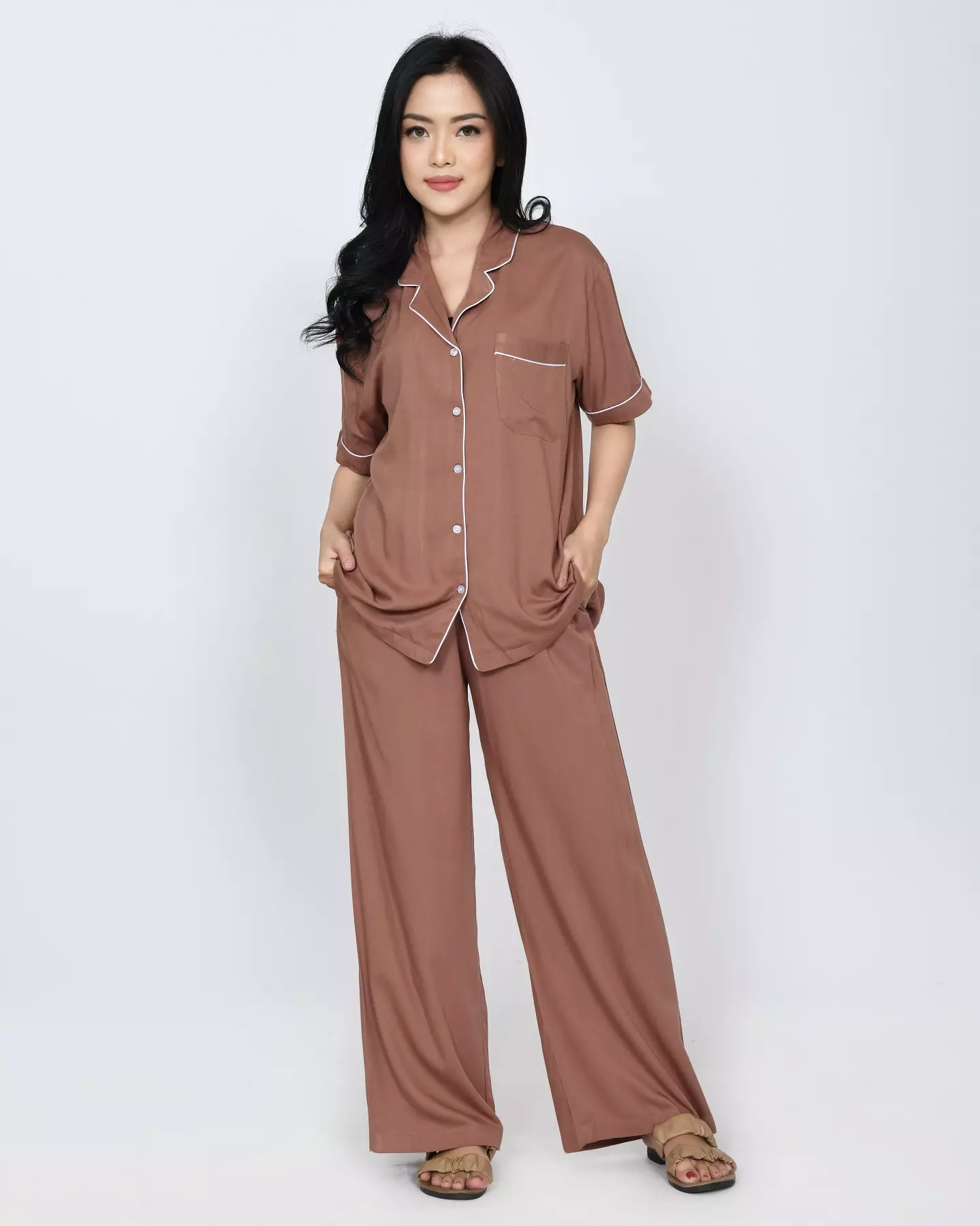Cotton Oversized Rae COKLAT Set Piyama Celana Panjang Polos FREE SLIP ON