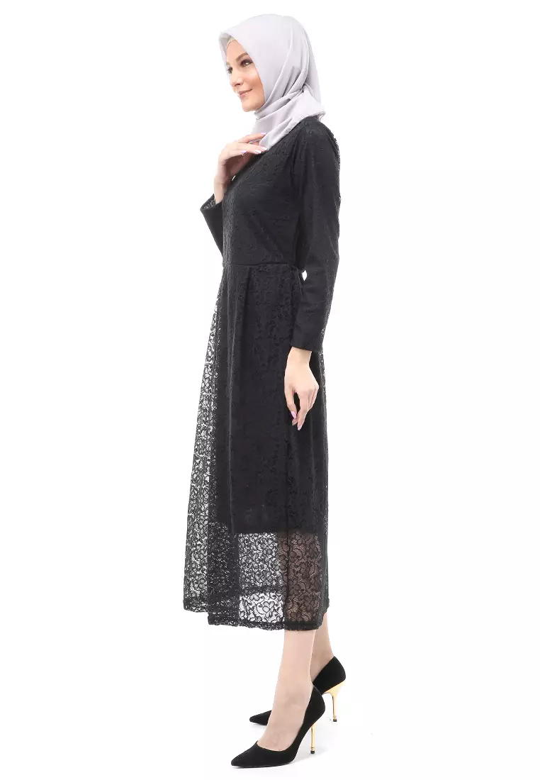 Alveera Gamis Brukat Muslimah Long Dress Regular Fit - Hitam