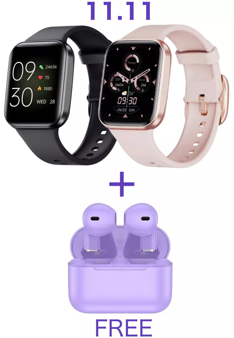 Value Deal : His and Hers - 2 IOS/Android IP Black & Pink Smart Watches with Rubber Strap + FREE 5s PRO MINI TWS Earphone - Purple