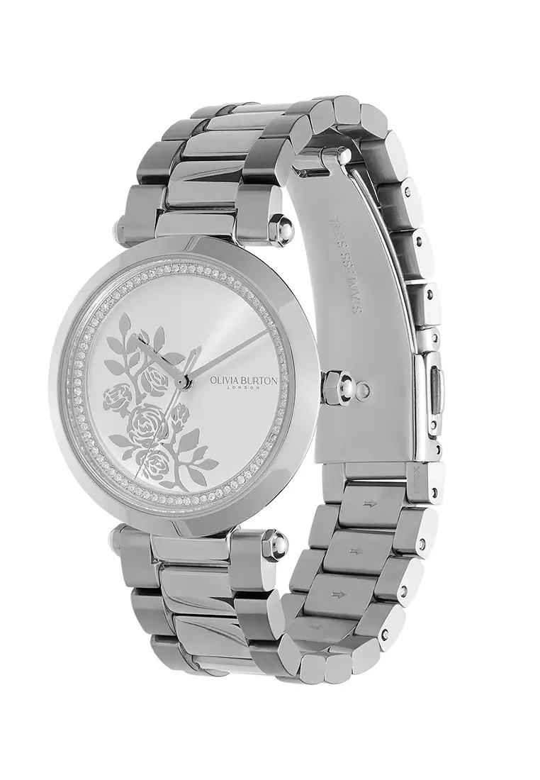 Olivia Burton 34mm Floral T-Bar White & Silver Bracelet Watch 24000042