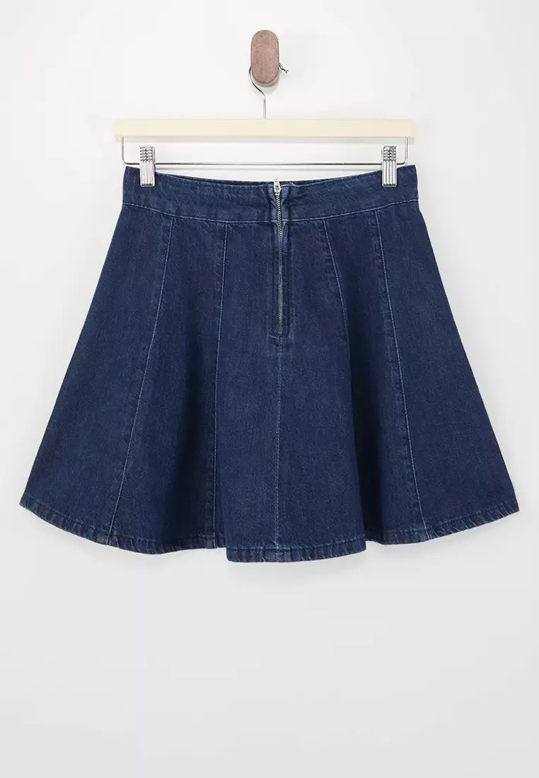 Dark Blue Flounced 1% Cotton Mini Denim Skirt Twoss26Et68