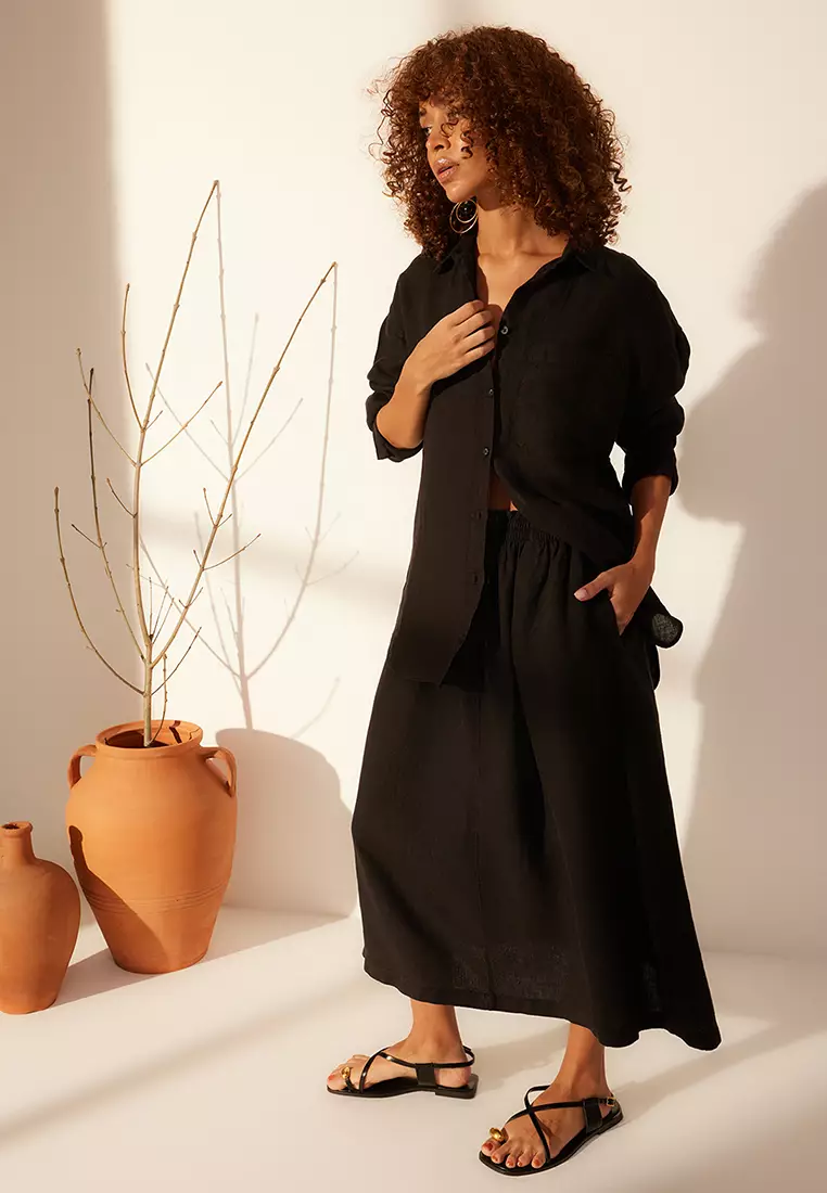 Linen Elastic Midi Skirt