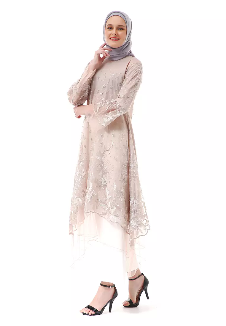 Laika Dress Muslimah Brukat Long Sleeve High Quality Premium Wanita - Nude