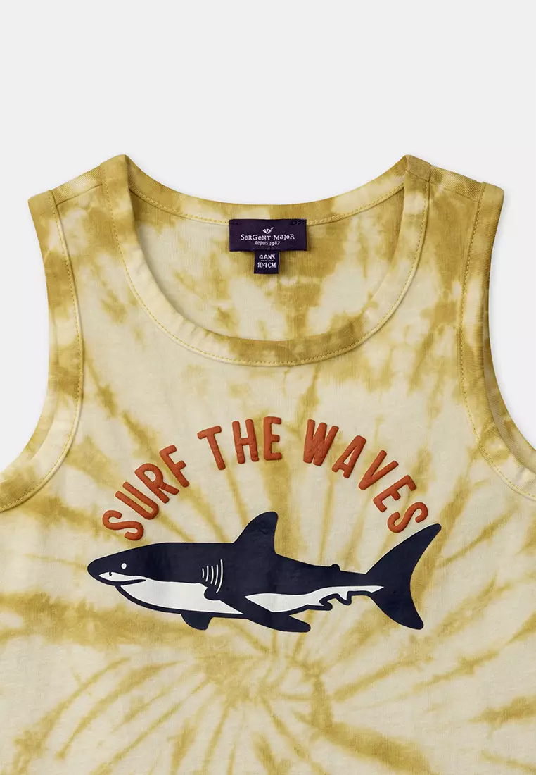 MUSTARD AND WHITE TIE AND DYE TANK TOP WITH JERSEY SHARK MOTIF