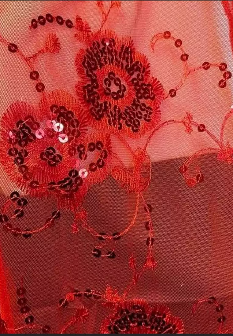 Aksesoris Wanita Small Flower Sequinn Lace Fringed Evening Shawl Syal Pesta Wanita Red