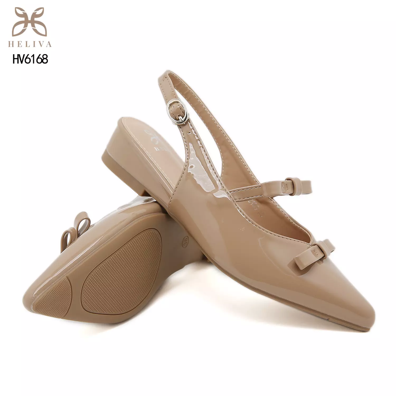 HELIVA CHERRY Glossy Slingback Low Heels with Chic Bow Detail & Pointed Toe HV6168