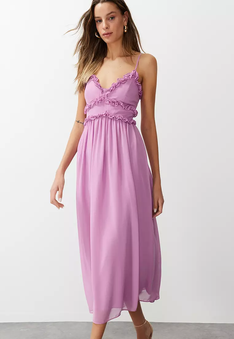 Fuchsia Floral Print A-Cut Ruffle Detailed Lined Chiffon Maxi Woven Dress