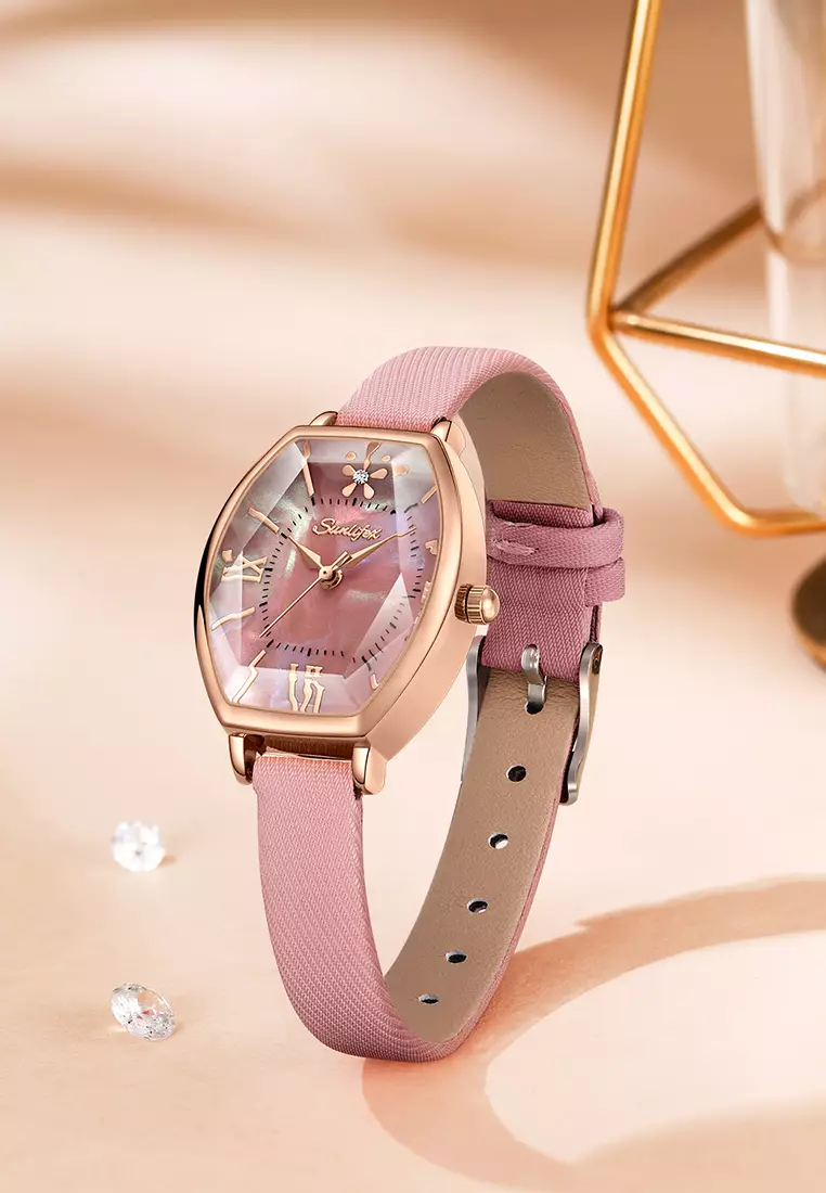 Jam Tangan Wanita Original Kasual Tali Kulit Elegan Style Jam Tangan Cewek SL6118 pink
