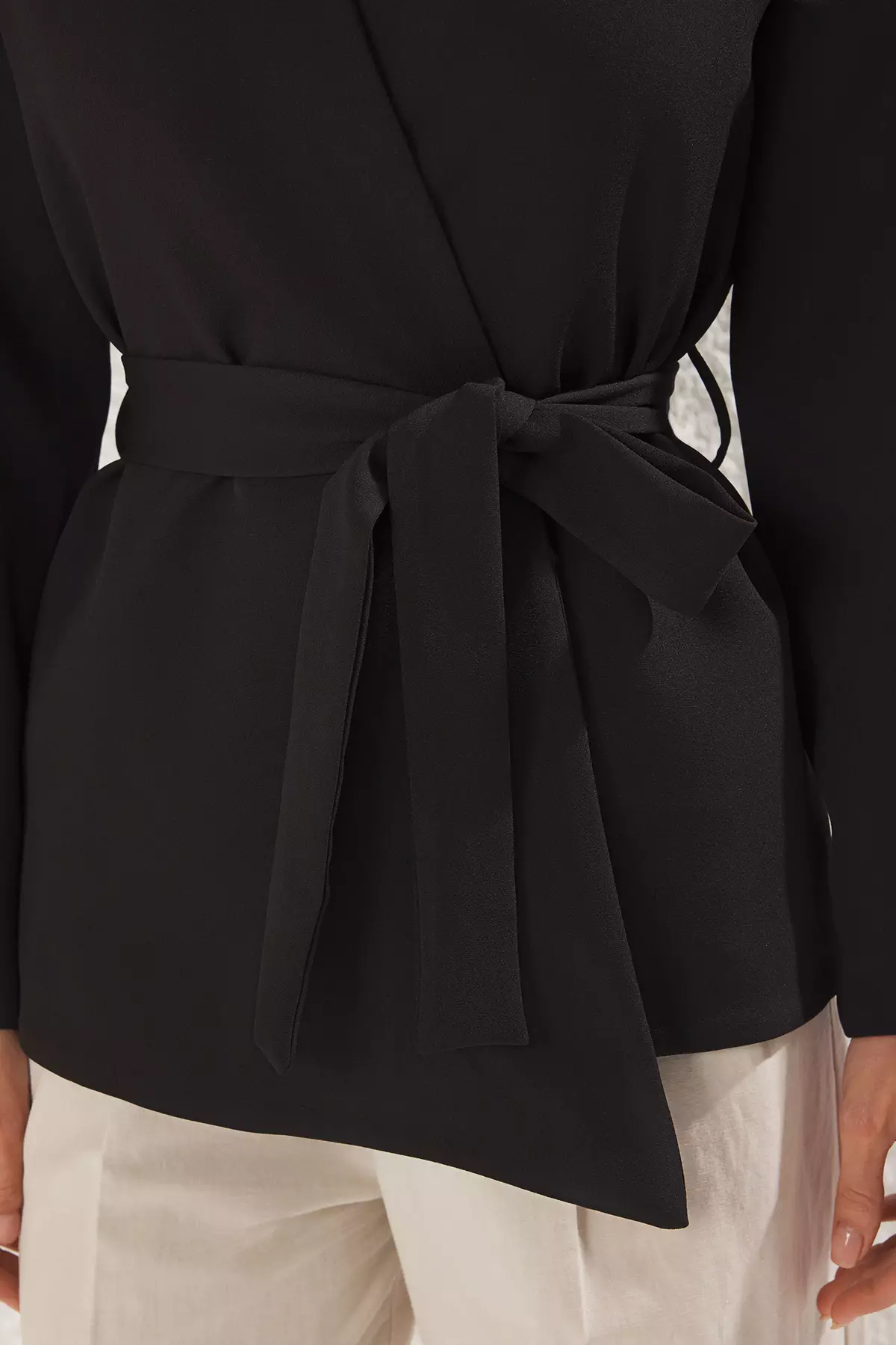 Black Double Breasted Tie Detail Woven Blazer Jacket TWOSS25BC00031