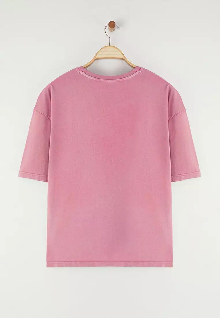 Dusty Rose Oversize Square Cut Low Shoulder  100% Cotton Basic T-Shirt TMNAW25TS00008