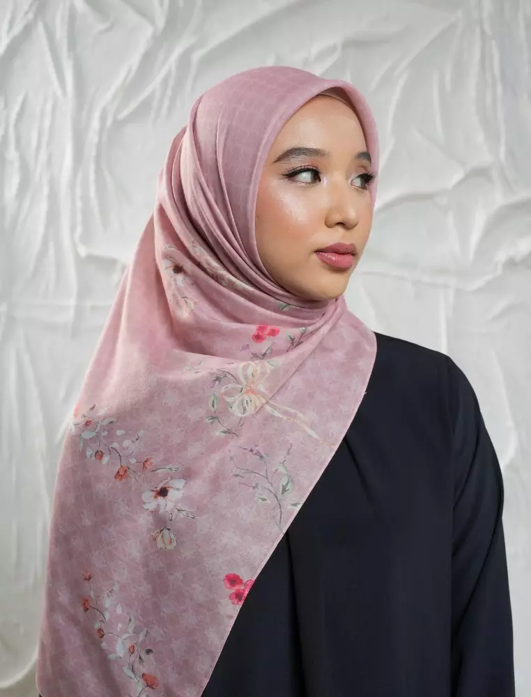 FLEUR Scarf Rose Tan - Kerudung Hijab Segiempat Motif With BOX - Bahan Nesla - Ukuran 115x115
