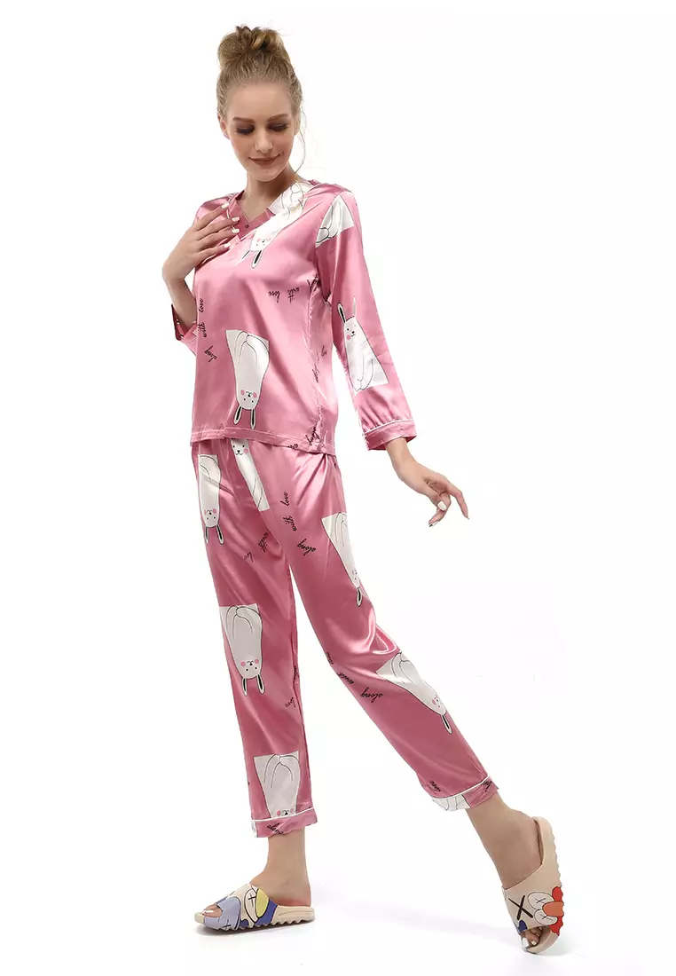 Vance Setelan Piyama Baju Tidur Wanita Buny Pig Lengan Panjang Material Satin ORIGINAL - Pink