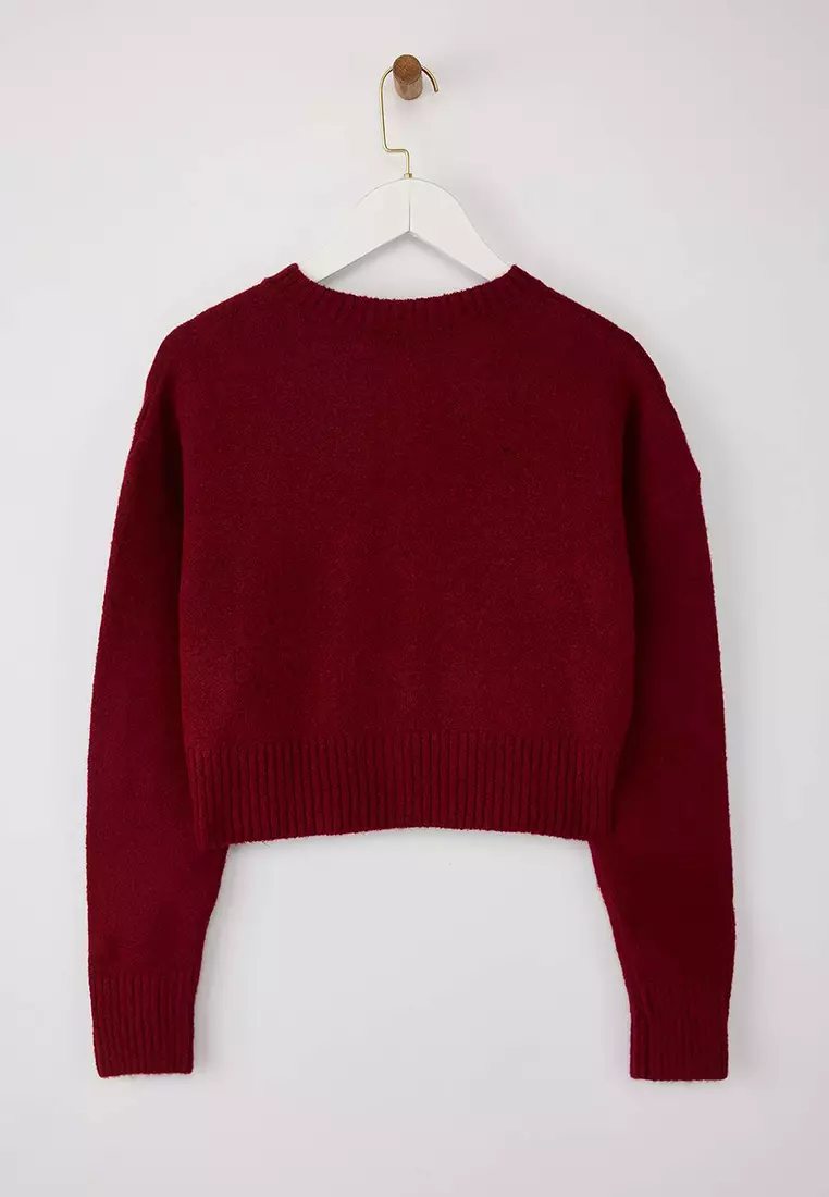 Burgundy Crop Soft Textured Button Knitwear Cardigan