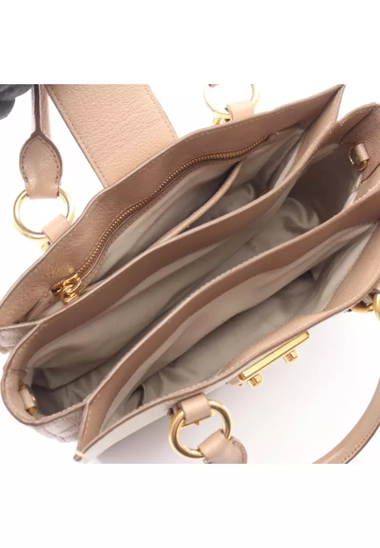 Pre-Loved MIU MIU MADRAS Madras Handbag tote bag leather beige light brown 2WAY