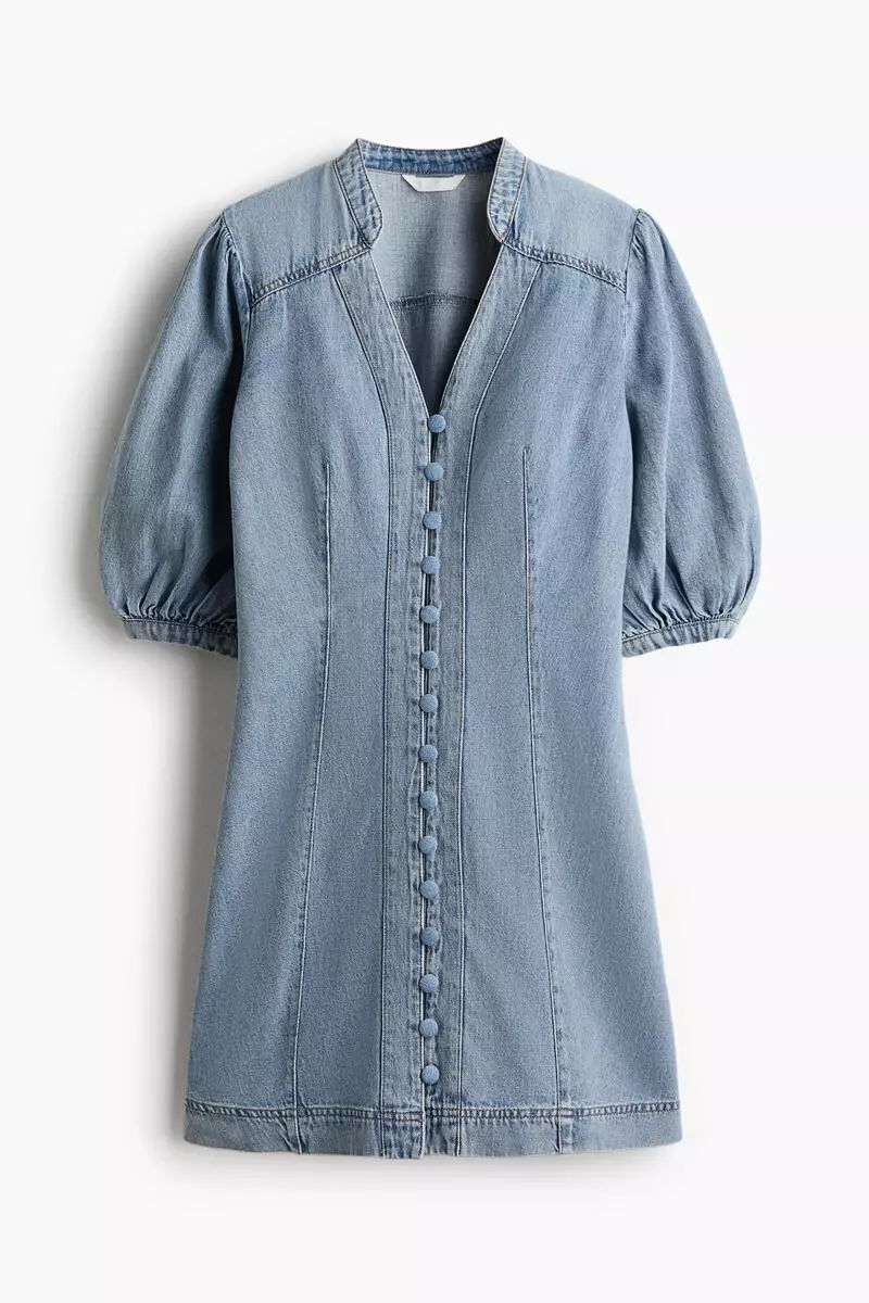 Puff-sleeved denim dress