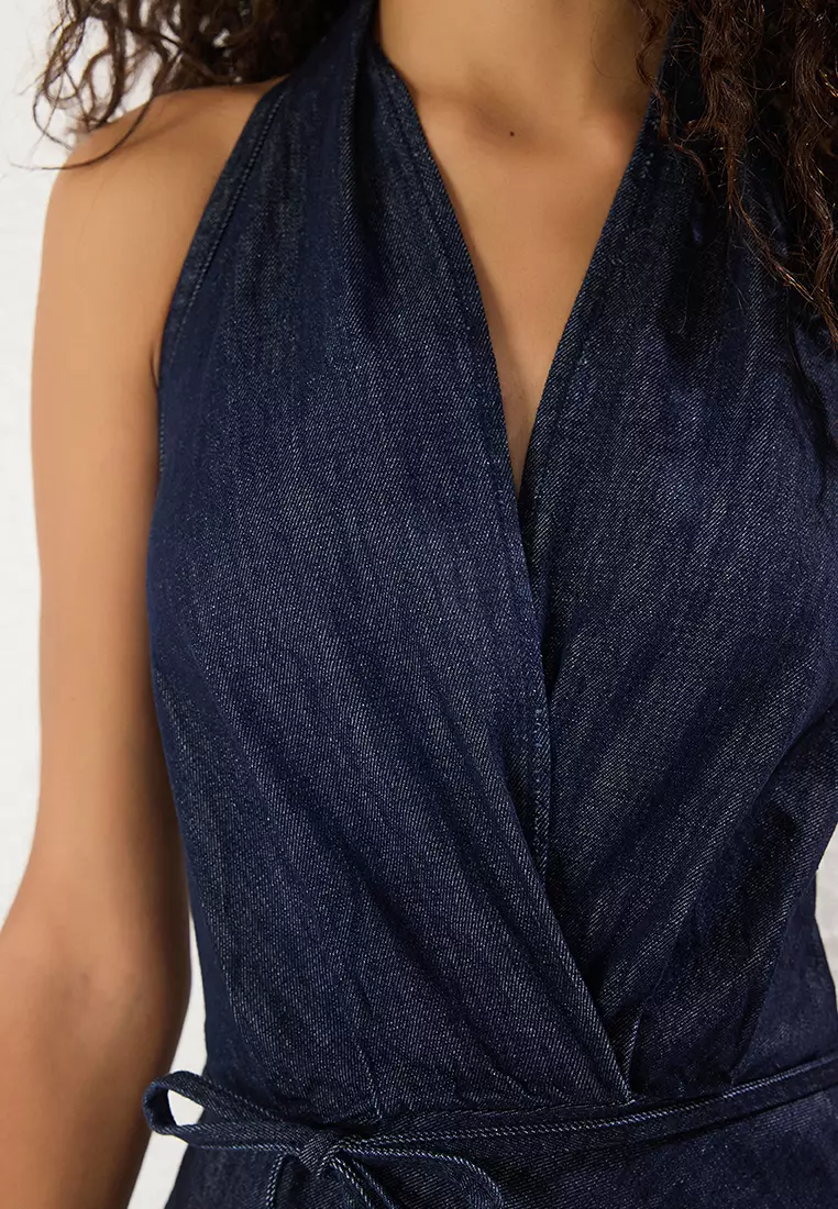 Dark Blue Skirt with Flounce Tie Detail Halter Neck Maxi Denim Dress TWOSS25EL00602