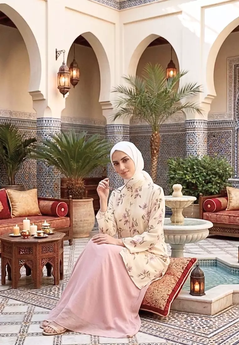 Tunik wanita butter yellow motif bunga elegan lengan 7/8 blouse muslimah premium style turki korean modest fashion By Brilliant Girl Warna KUNING