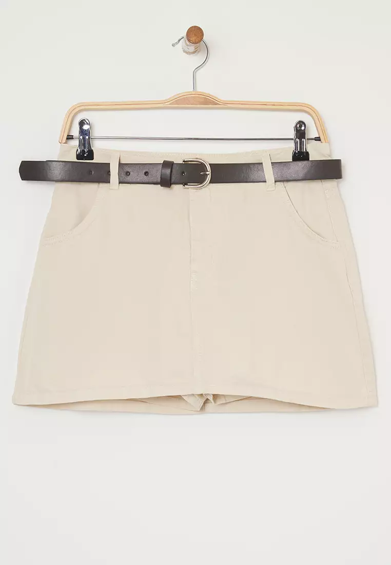 Beige Belt Low Waist Mini Denim Shorts Skirt Twoss25Sr00116