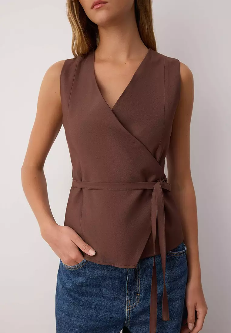 Brown Belted Tie Detail Double Breasted Closure Soft Buttoned Vest