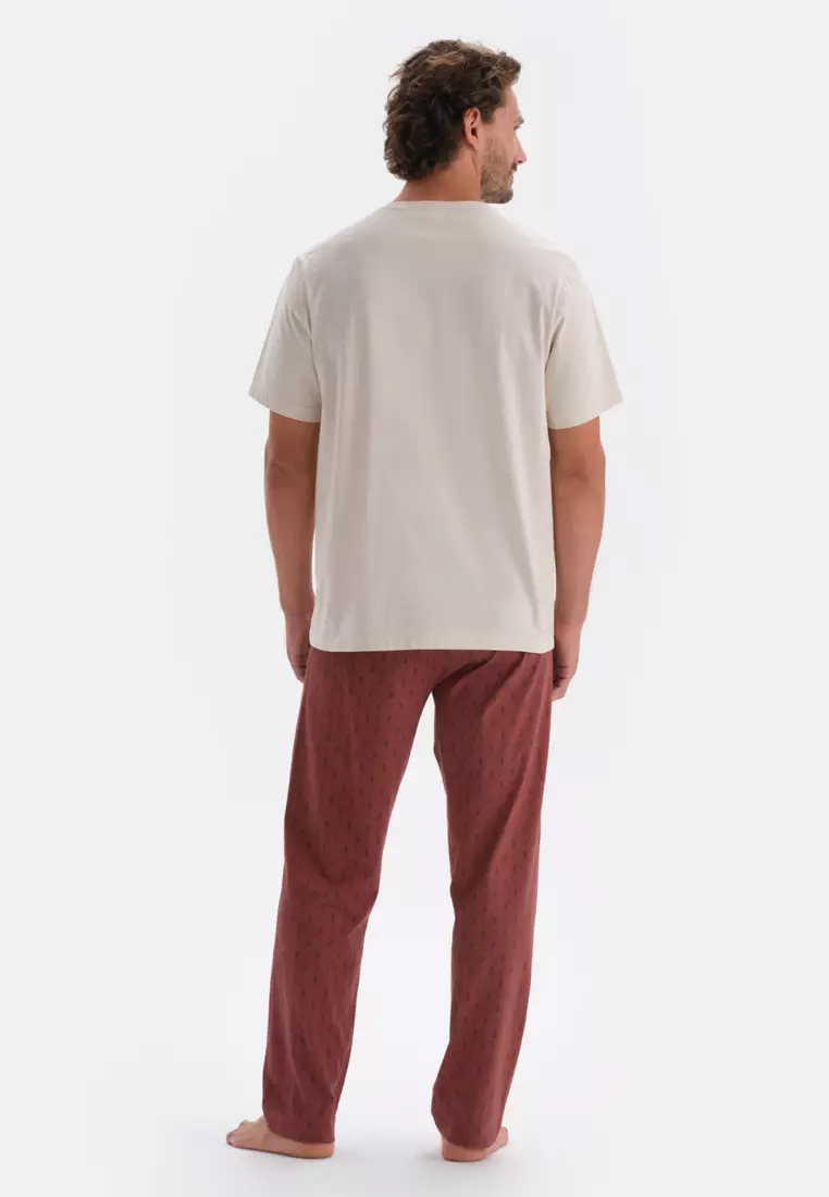 Ecru T-Shirt & Trousers Knitwear Set, Crew Neck, Regular Fit, Long Leg, Short Sleeve Sleepwear for Men