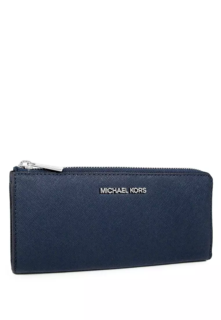 Jet Set Travel Large Saffiano Leather Quarter Zip Wallet - Navy