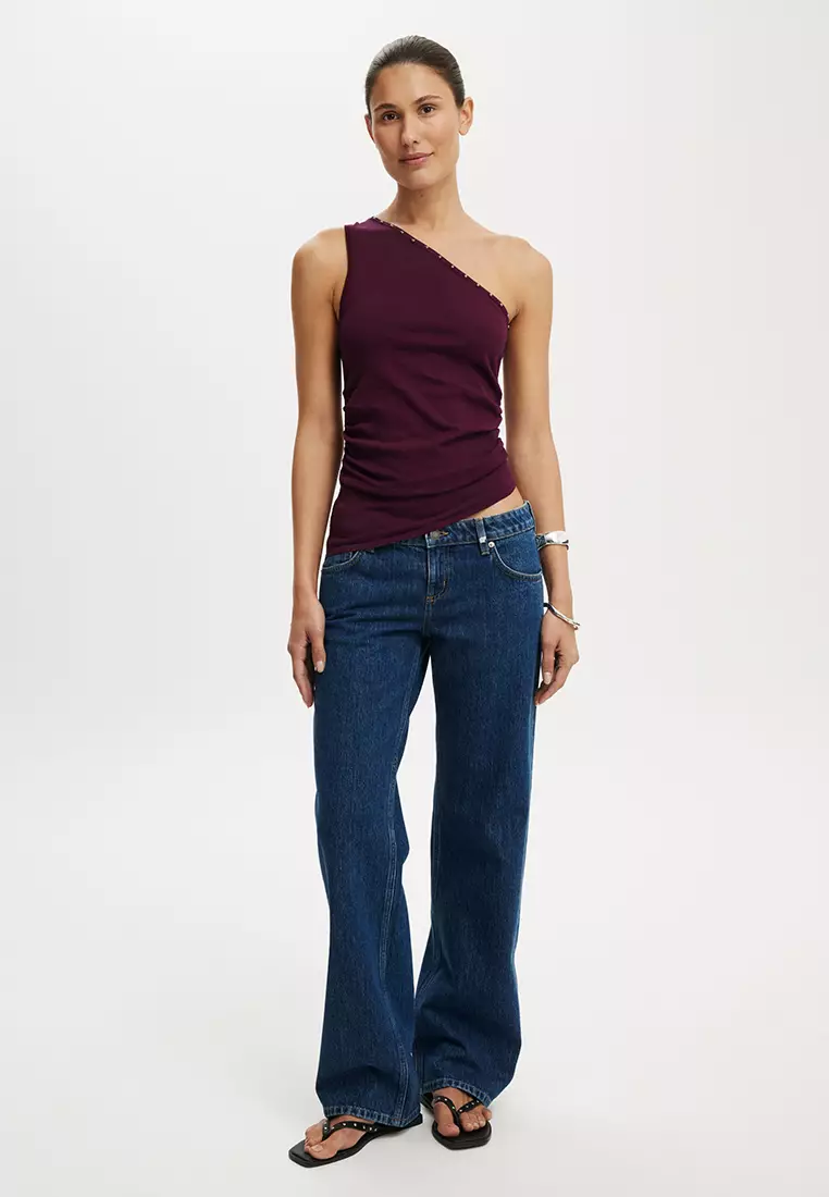 Stud Trim Asymmetrical Knit Top