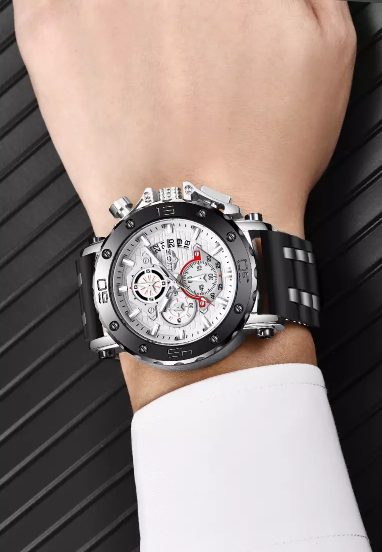 Chronograph Unisex Stainless Steel Quartz Watch, Black Bezel, White dial, Rubber and Metal Strap