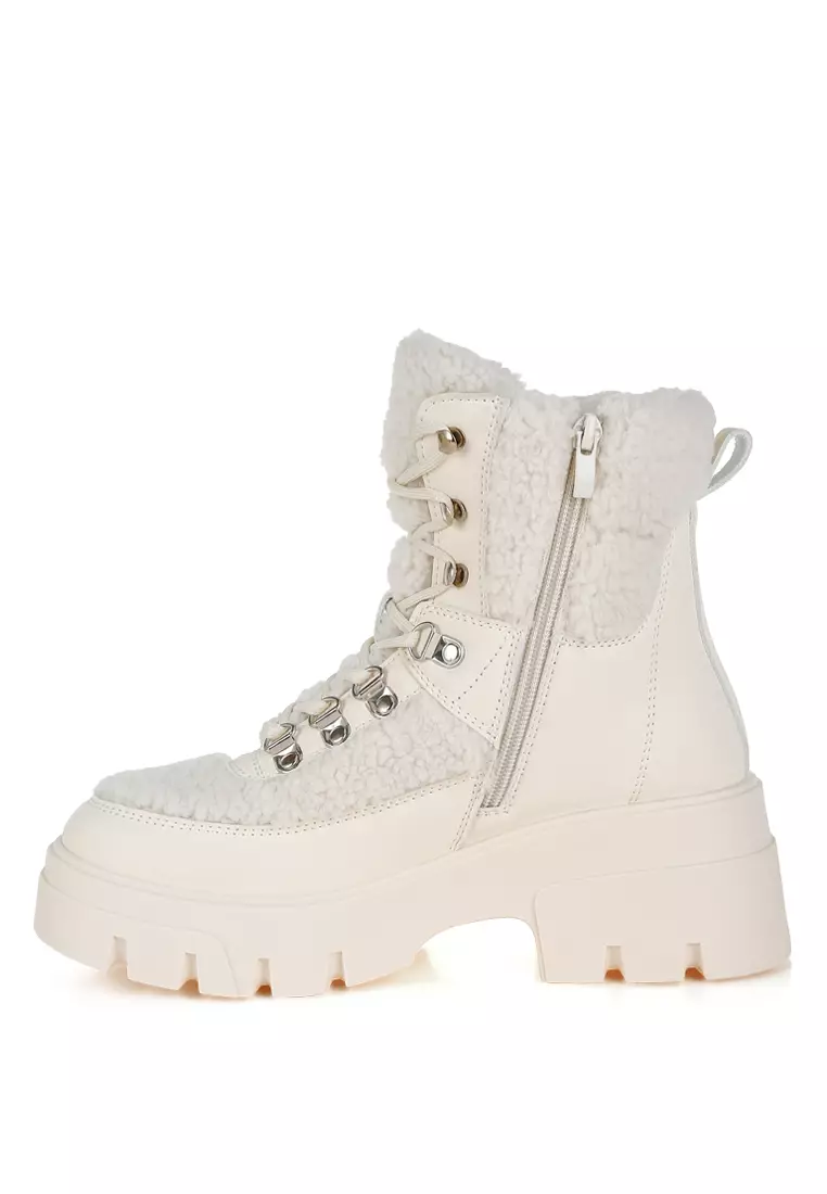 Faux Fur Detail Chunky Hiker Boots in Beige