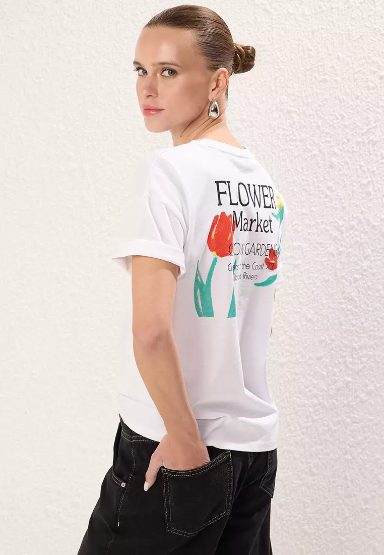 White Oversize/Wide Pattern Back Printed Knitted T-Shirt