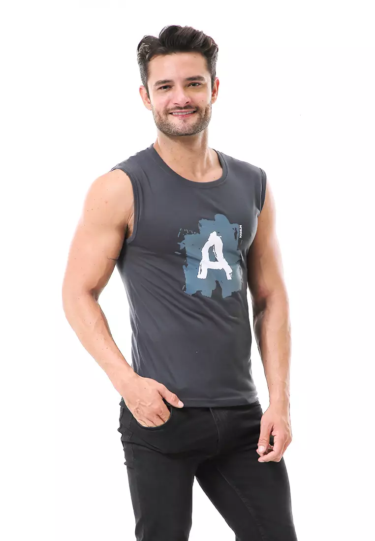 Bobby Atasan Kasual Pria Singlet Motif Huruf A Atasan Tanpa Lengan Material Cotton ORIGINAL - Dark Gray