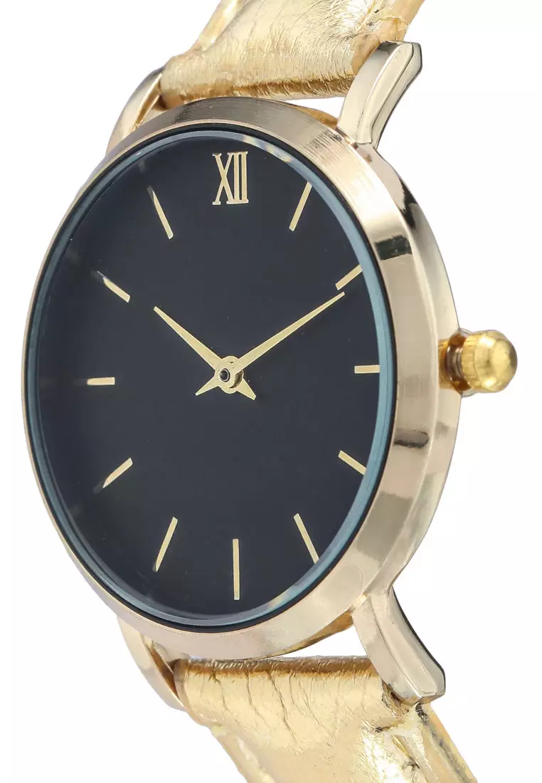 Round Face Gold Black And Gold Strap Watch