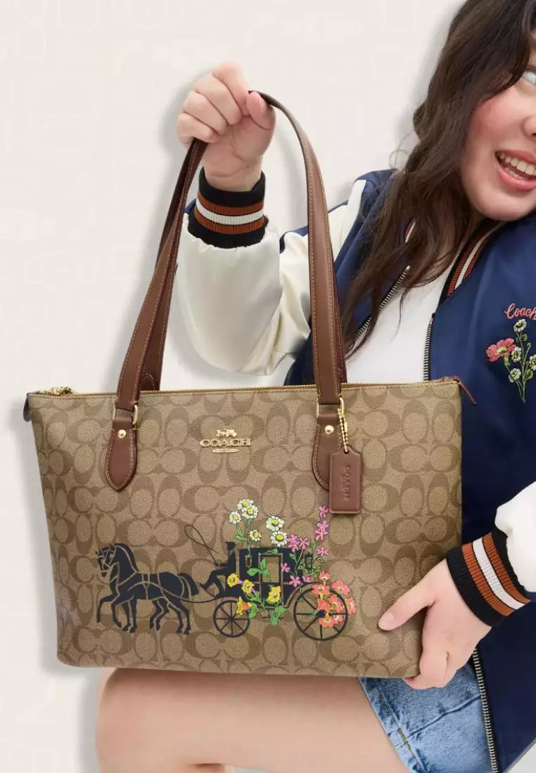 Coach Gallery Tote Bag In Signature Canvas With Floral Horse And Carriage Khaki Multi